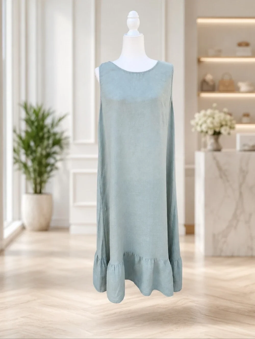 Terzo Millennio Italy 100% Linen Sage Green Sleeveless Ruffle Hem Dress L - Picture 1 of 8